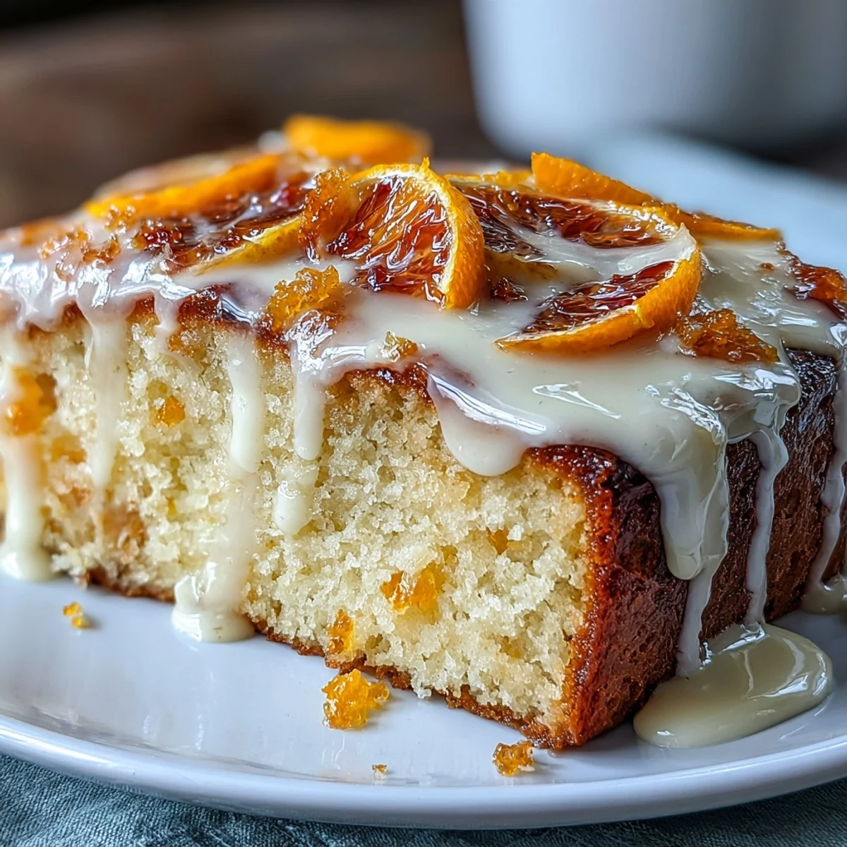 A slice of Heavenly Blood Orange Yogurt Cake reveals a moist, tender crumb next to fresh oranges.