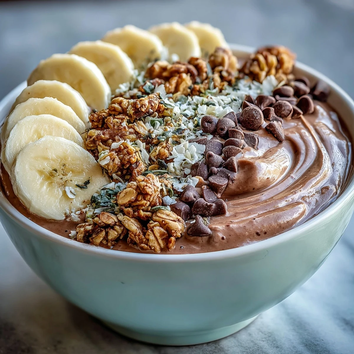 Rich and creamy Chunky Monkey Smoothie Bowls topped with granola, banana slices, and cacao nibs.