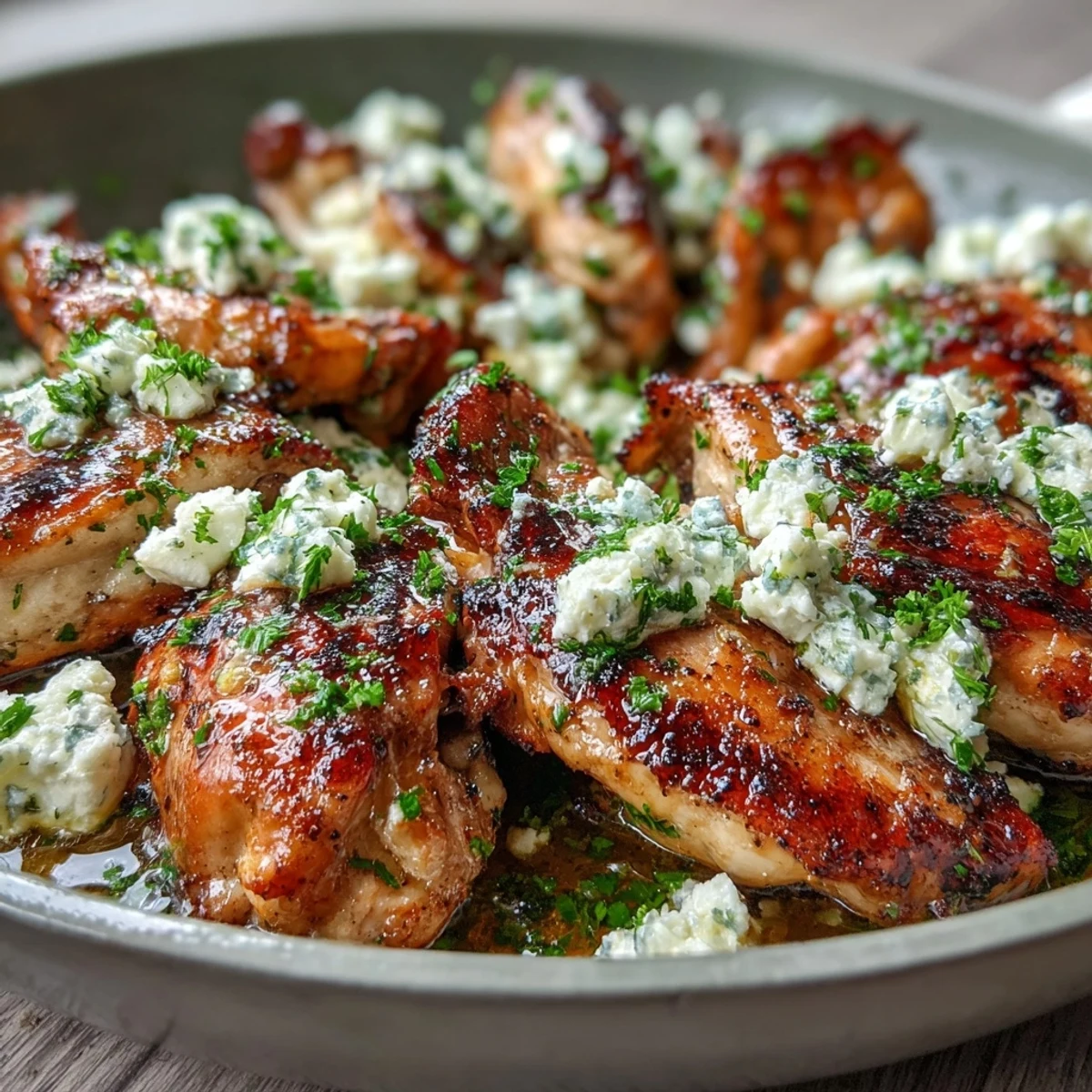 Tender Greek Chicken with Lemon and Feta garnished with fresh parsley on a rustic wood table.