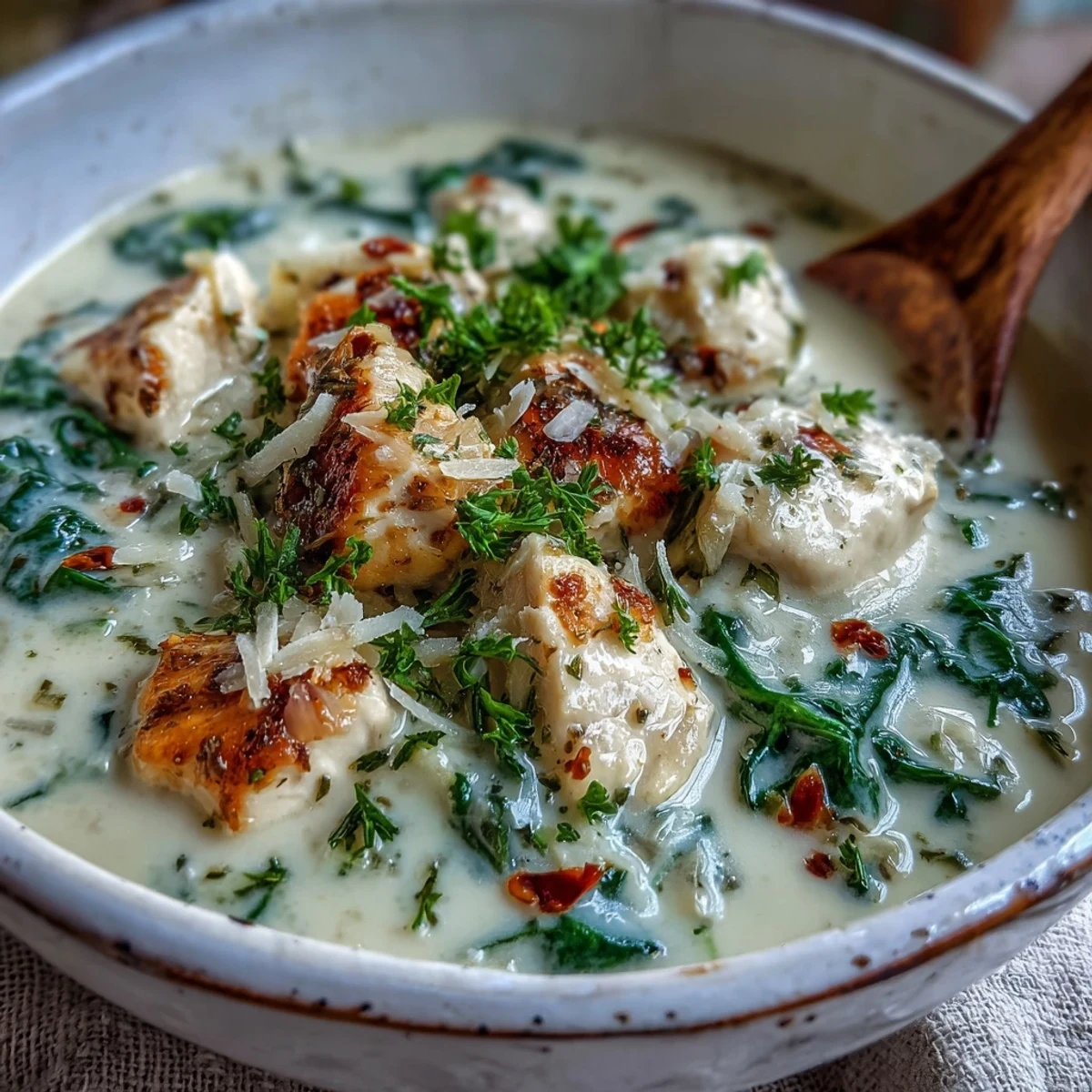 Creamy Garlic Parmesan Chicken Soup steaming in a white bowl, topped with fresh parsley and extra grated cheese.