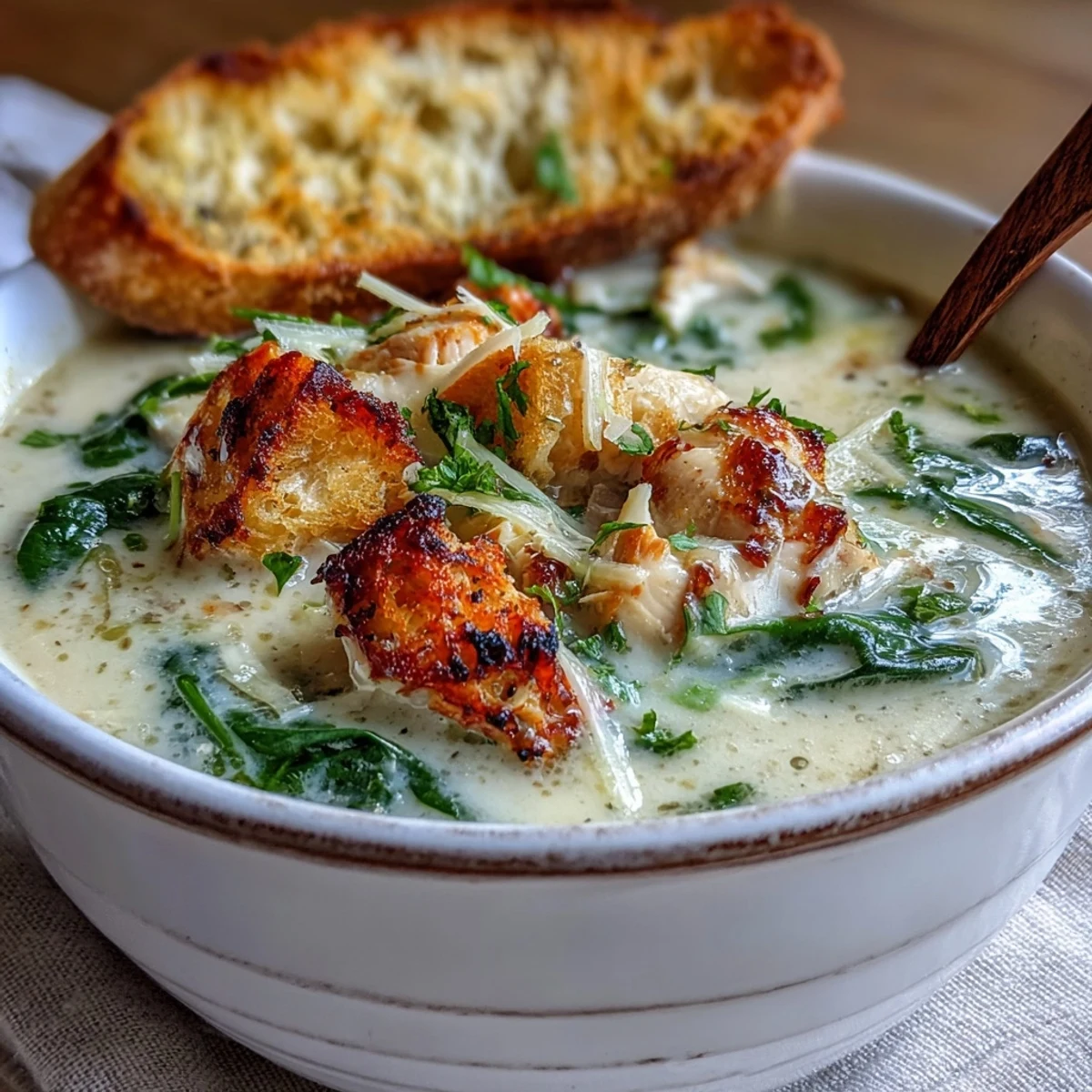 Close-up of Garlic Parmesan Chicken Soup in a cozy kitchen setting, fresh herbs and crusty bread on the side.