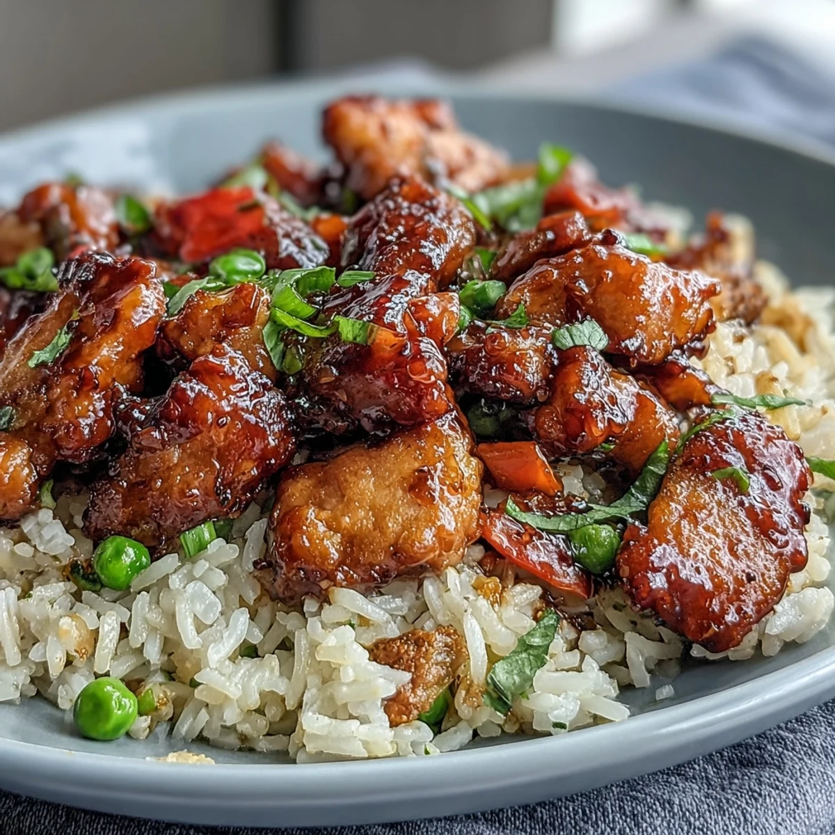 Golden brown honey BBQ chicken pieces simmering with fluffy rice and colorful mixed vegetables in a single skillet.