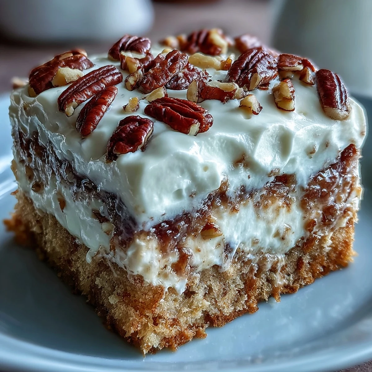 Decadent slice of Butter Pecan Tres Leches Cake revealing moist layers, drenched in sweet milk, and finished with toasted nuts and fluffy frosting.