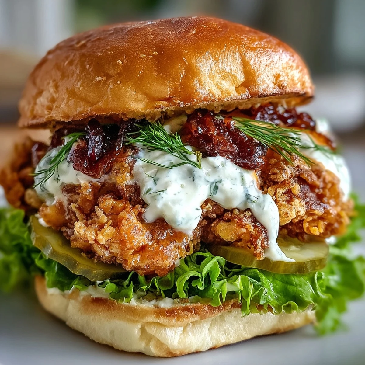 The finished Spicy Chicken Sandwich stacked high with dill pickles and juicy tomato slices on a wooden serving board.