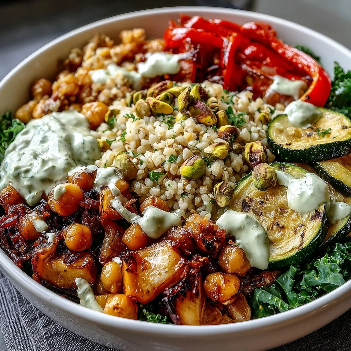 Vibrant roasted vegetables and chickpeas top the Mediterranean Buddha Bowl Meal Prep, drizzled with a golden, garlicky tahini dressing.