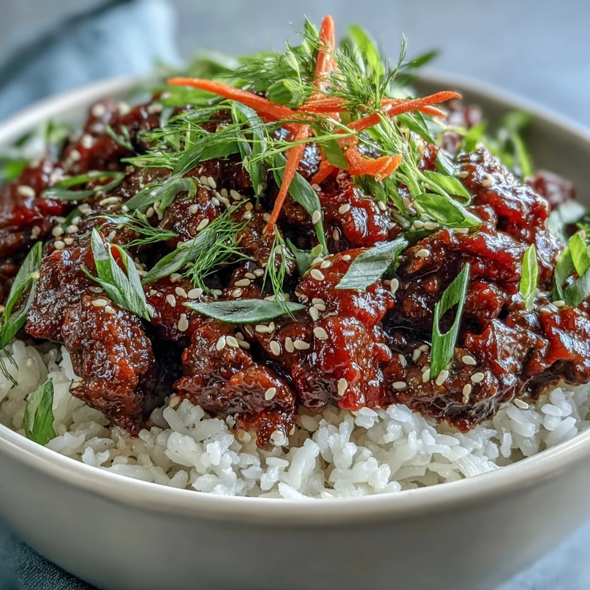 Spicy Korean Beef Bowl served over cauliflower rice, topped with crunchy carrots and fresh green onions for low-carb dinner.
