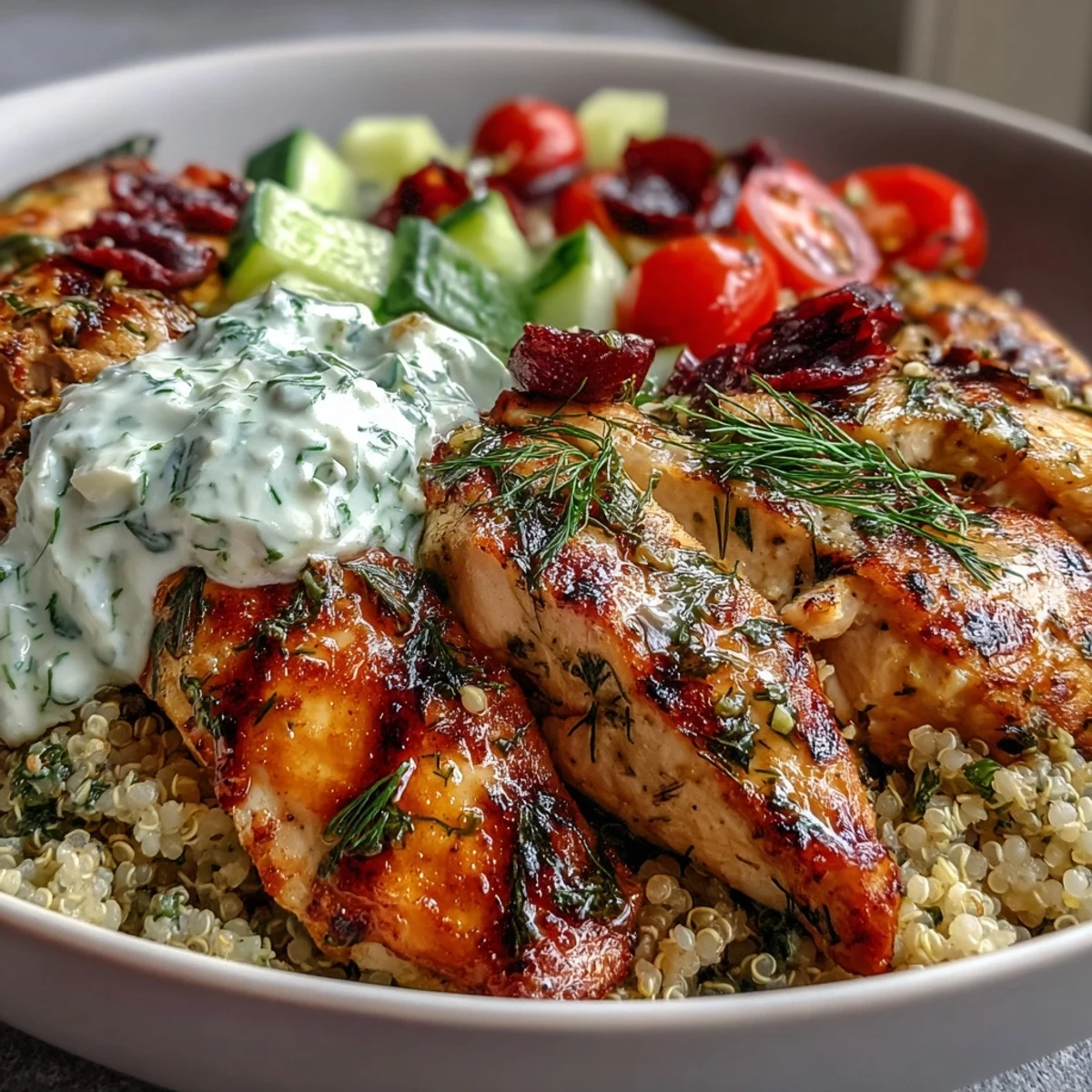 Juicy lemon-herb chicken slices fanned over fluffy quinoa with cucumber and tomatoes, topped with creamy tzatziki in a vibrant Greek Chicken Power Bowl.