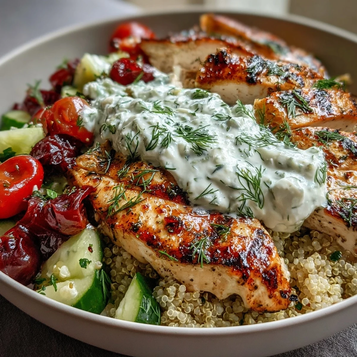 Sliced lemon-herb chicken rests on fluffy quinoa beside cucumber, cherry tomatoes, and a dollop of tzatziki in this fresh Greek Chicken Power Bowl.