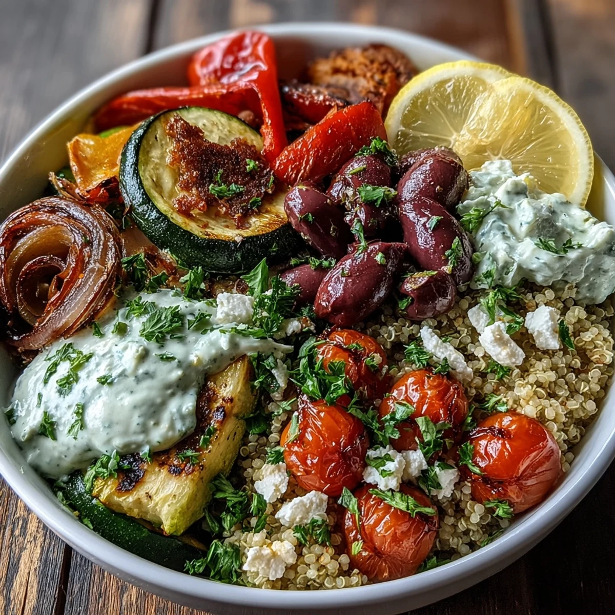 Roasted zucchini, bell peppers, and tomatoes top fluffy quinoa in this Mediterranean Buddha Bowl with creamy hummus and tangy feta.  