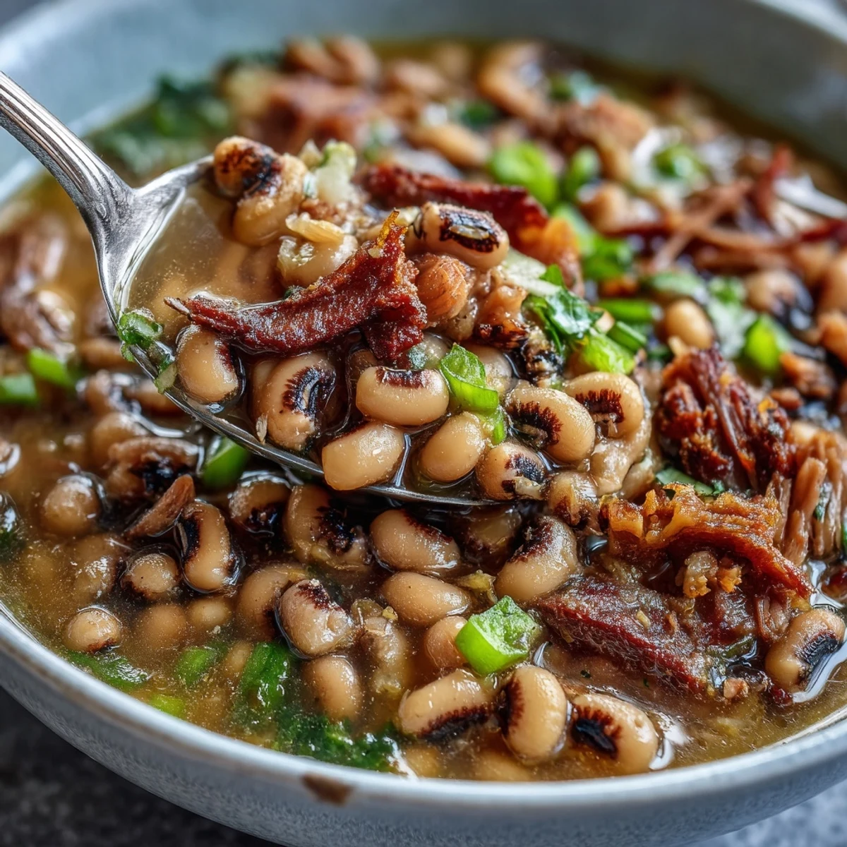 Golden-brown Classic New Years Black-Eyed Peas simmered with smoked pork neck bones, served hot in a rustic bowl with fresh parsley garnish.