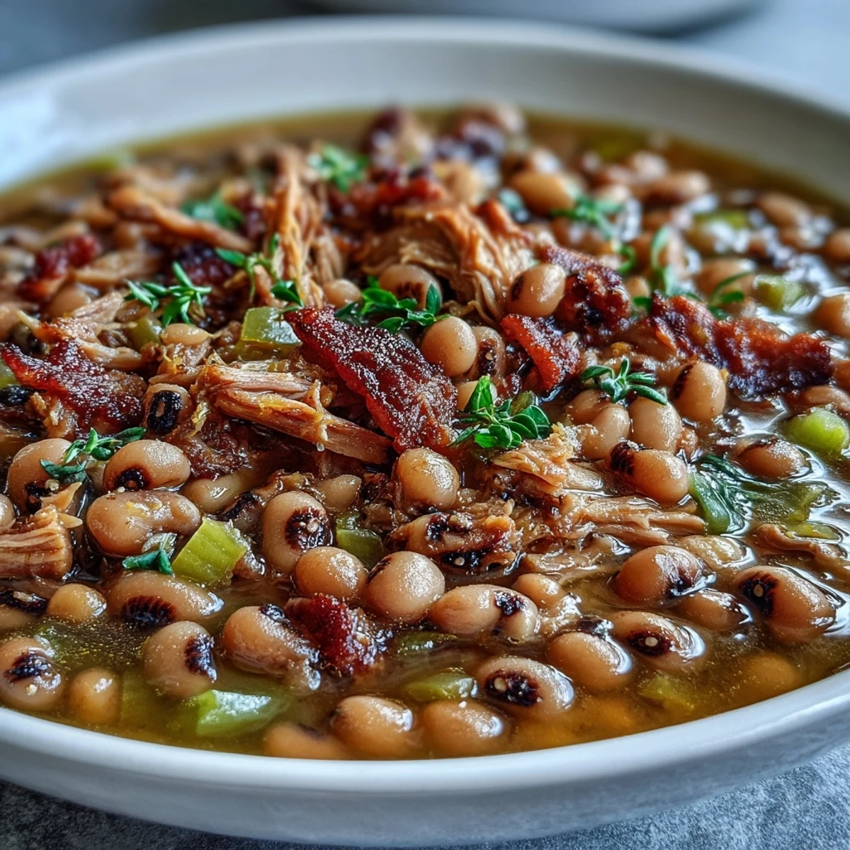 A close-up view of Classic New Years Black-Eyed Peas, featuring tender peas and shredded meat in a rich, savory Creole broth.