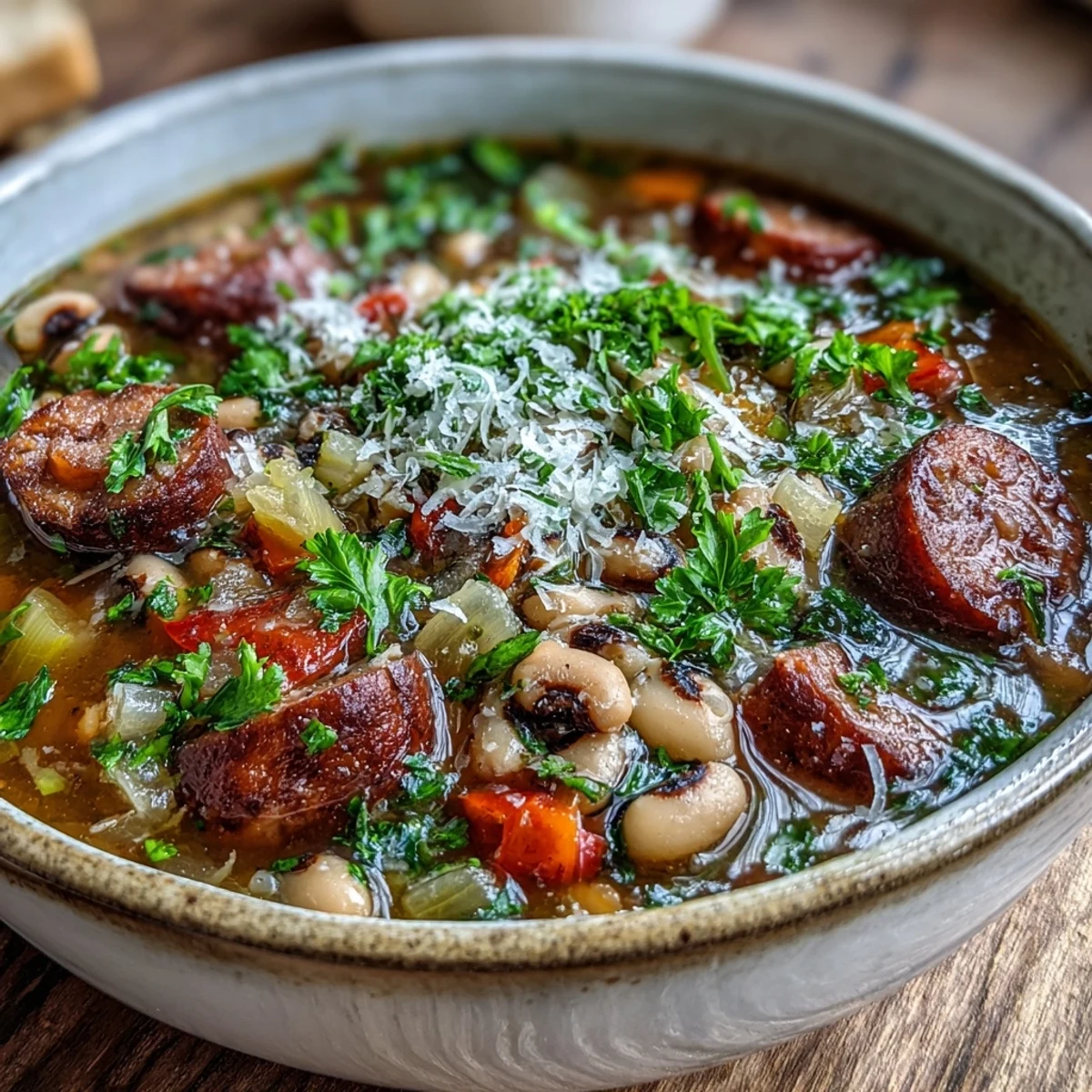 Rustic Dutch oven filled with Black-Eyed Peas and Sausage Soup served with crusty bread for dipping.