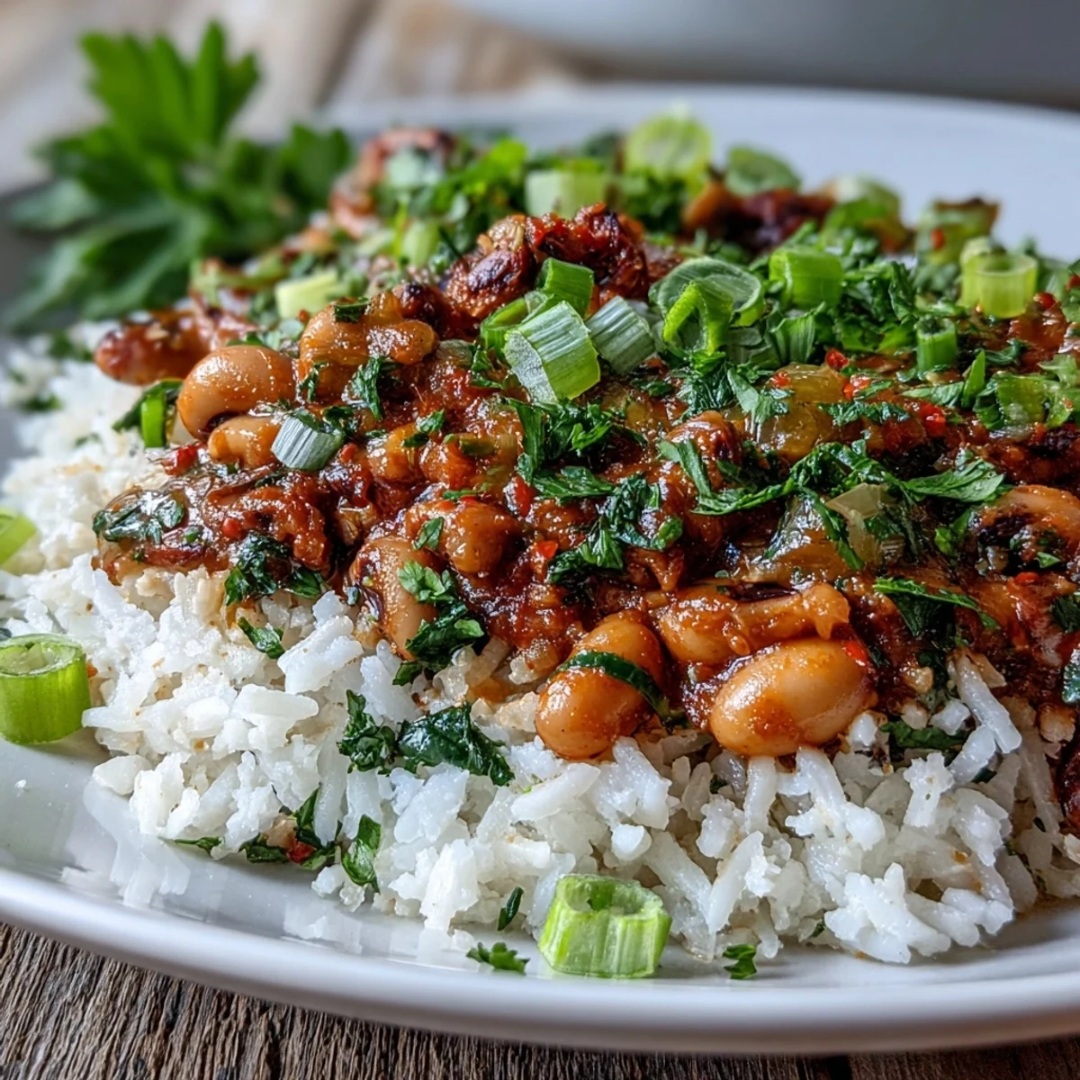 Vegetarian Hoppin John served with a lemon wedge and vibrant green onions garnish.