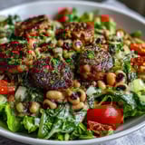 Dressed Hoppin John Style Black-Eyed Pea Salad with turkey sausage served on a white plate, garnished with tarragon.