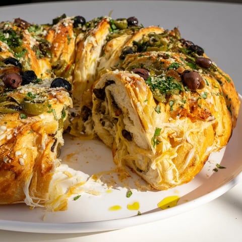 Golden-brown Savory Herb and Cheese Olive Wreath, ready to be pulled apart and devoured.