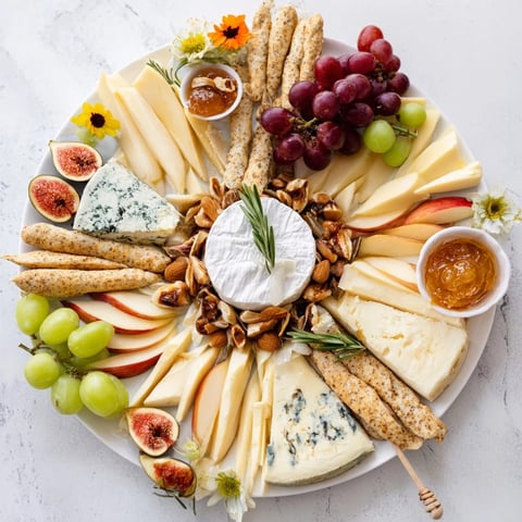Close up of a gorgeous Star of Bethlehem cheese platter, loaded with various cheeses and fruits.