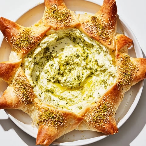 Golden, flaky pastry surrounds a creamy, green star-shaped pesto dip in this delicious appetizer.
