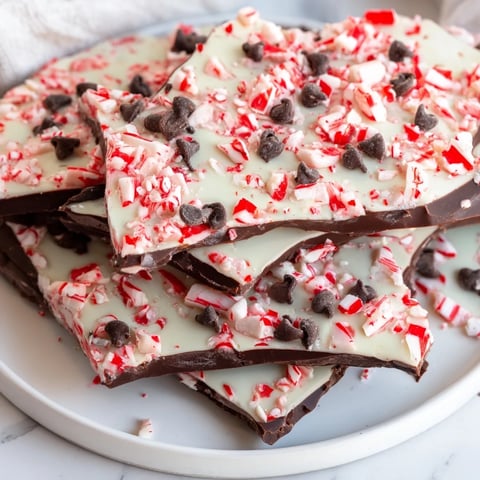Peppermint Bark Shards: A close-up of colorful, festive dessert shards with peppermint candies.