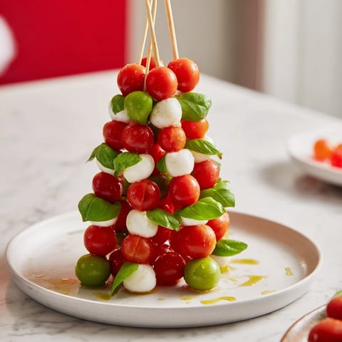 Red and green Caprese skewer tree, a vibrant appetizer ready for holiday celebrations, featuring fresh ingredients.
