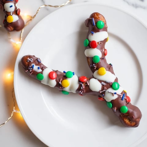 Festive pretzel sticks and dip Christmas lights: colorful candy melts make a delicious no-bake holiday treat.