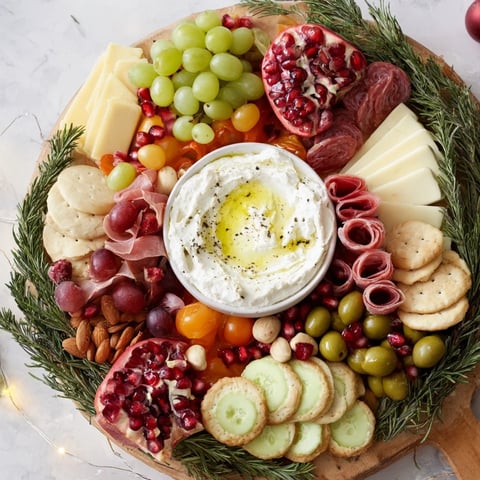 Festive evergreen wreath board appetizer with cheeses, meats, and vibrant fruits, ready to serve.
