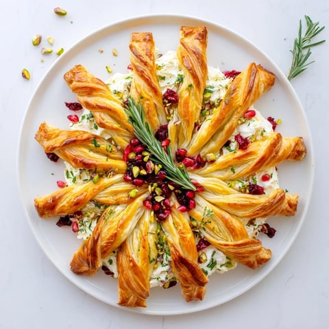 Golden-brown Cranberry Christmas Star appetizer, bursting with a sweet-tart cranberry filling and savory cheese.