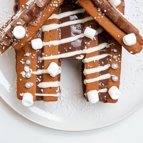 Warm gingerbread house frame, adorned with white chocolate icing, offers a festive holiday dessert scene.