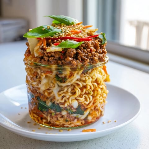Spicy Ramen Lasagne Soup Jars filled with savory layers, perfect for satisfying meals.  