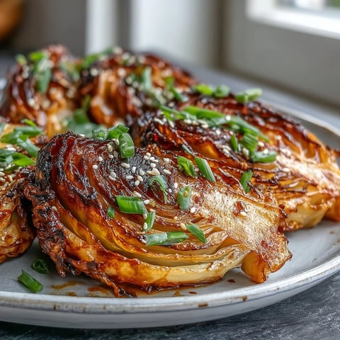 Golden-brown Miso Butter Roasted Cabbage Wedges fresh from the oven, glistening with savory glaze and topped with scallions.