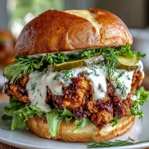 Golden-brown fried chicken breast in a toasted brioche bun, dripping with creamy homemade sauce and topped with crisp lettuce.