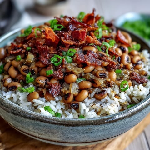 A serving of Hoppin' John with black-eyed peas, smoky bacon, and fluffy rice, topped with scallions and hot sauce.