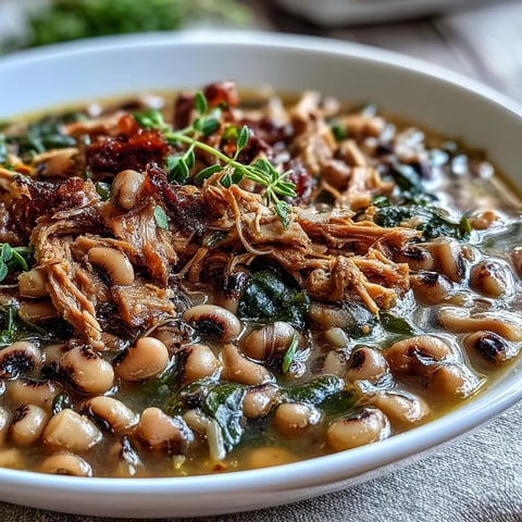 Crock-Pot Black-Eyed Peas with Smoked Turkey are served steaming in a bowl, ready to be paired with fluffy white rice for a Southern comfort meal. 