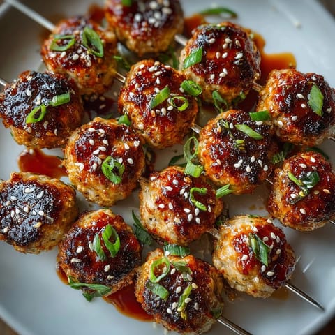 Savory mini Sriracha turkey meatball skewers—a simple appetizer with spicy kick.