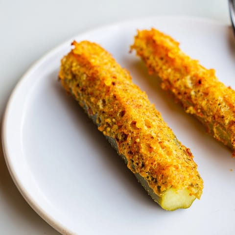 Golden, bubbling cheese tightly hugs a dill pickle, creating delicious Cheese-Wrapped Pickles.