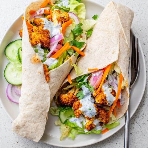 Golden, crispy Vegan Buffalo Cauliflower Wraps being assembled with cool ranch & veggies.