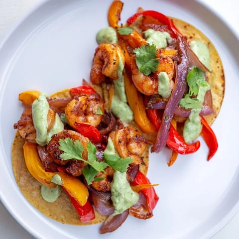 Sheet pan shrimp tacos loaded with colorful bell peppers and fresh cilantro.  