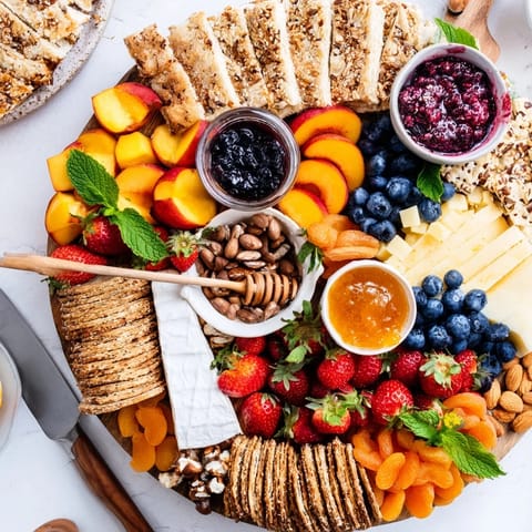 Delicious Jam-Infused Brunch Board featuring creamy cheeses and vibrant berries for a perfect gathering.  