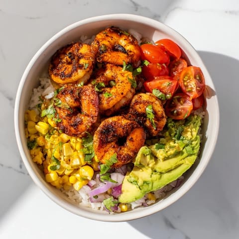Vibrant image of a Blackened Shrimp Bowl, combining spicy shrimp with cool salsa, perfect for a gluten-free dinner.