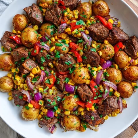 A steaming skillet of Southwest Steak & Potato, showcasing colorful peppers and juicy, browned steak pieces.