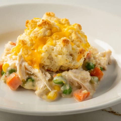 A close-up of a warm, inviting One-Pan Chicken Cobbler just pulled from the oven, ready to serve.