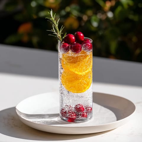 Snow Globe Mocktail with floating cranberries, sparkling refreshment for holiday feasting, beautifully garnished.