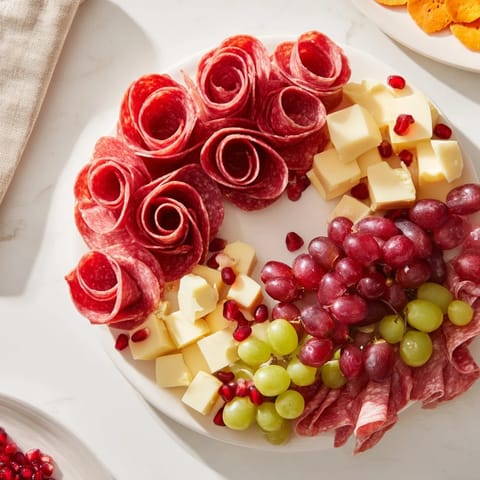 Festive Quick Christmas Charcuterie Wreath Board overflowing with colorful cheeses, meats, crackers, and holiday fruits.
