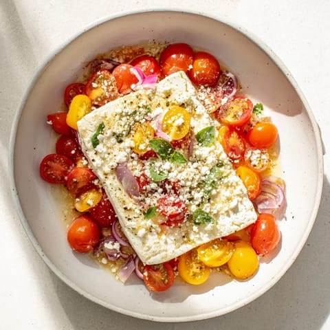 Golden, melted baked feta atop the pasta, mixed with juicy cherry tomatoes; a delicious Christmas meal.