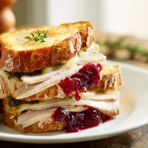 Savory Pesto Cranberry Turkey Grilled Cheese, showing layers of turkey and cheese, ready to eat.