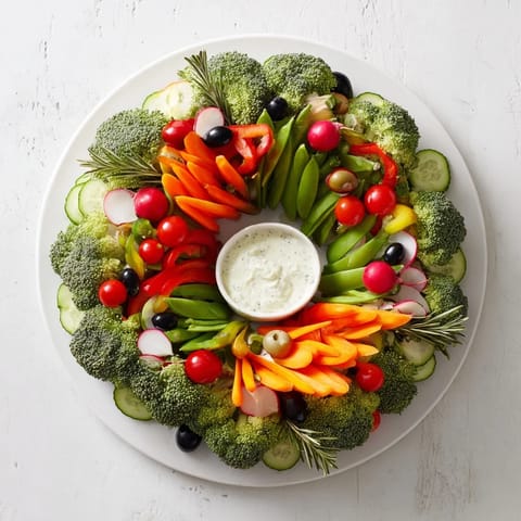 A beautiful Wreath Veggie Dip Platter, a healthy appetizer with crunchy veggies and a flavorful dip in the center.