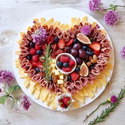 Heart-shaped charcuterie board overflowing with savory cured meats, cheeses, and fresh fruits, ready to serve.