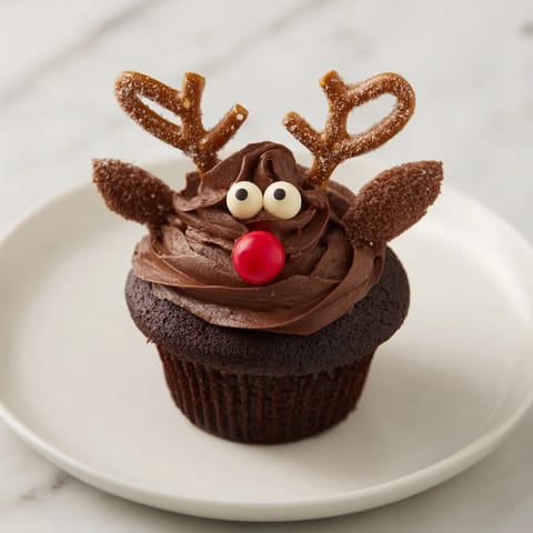 Festive Reindeer Holiday Dessert Platter with chocolate cupcakes and spiced cranberry mousse, visually appealing.