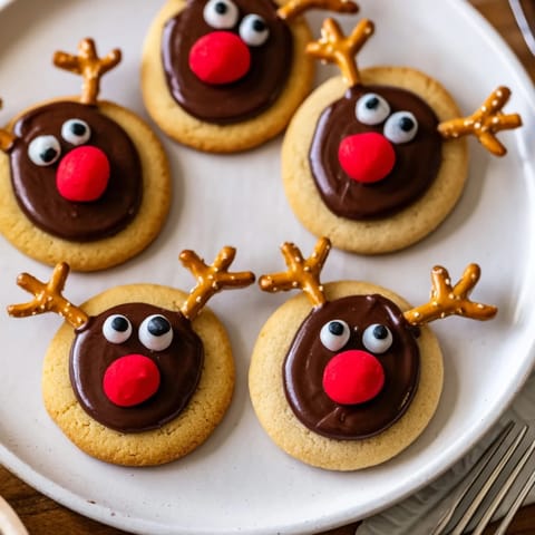These festive Santa's Reindeer Cookies feature brown icing faces, red noses, and pretzel antlers.