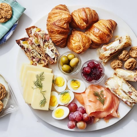 Christmas Brunch Gift Box, showcasing sweet croissants, smoked salmon, and fruit arranged artfully.