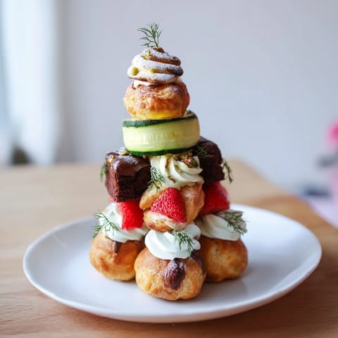 Luscious Tour dÉléphant Goûter Gourmand layers with fresh strawberries, cream, and baked delights ready to serve.